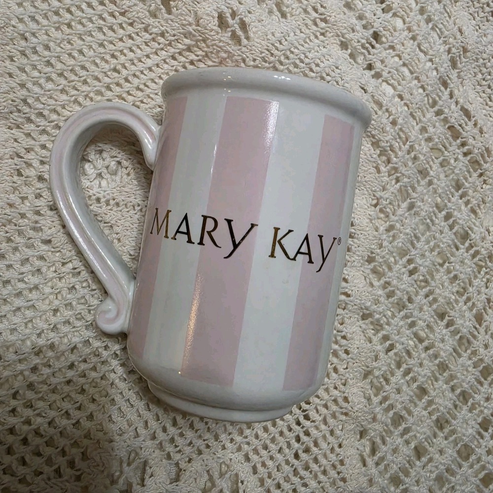 Mary Kay Pink & White Striped Gold Logo Coffee Tea Mug Cup